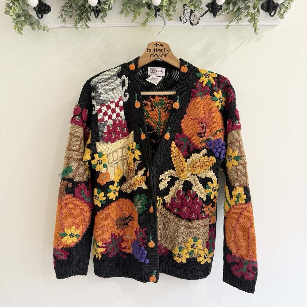 Vintage Pumpkin Patch Embroidered Fall Harvest Cardigan Sweater Small U707